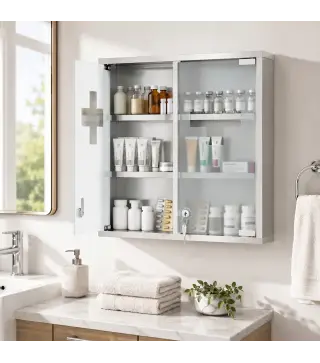 Botiquín de Pared con Cerradura Puertas de Cristal Estantes y 2 Llaves para Baño Cocina 46x12x48 cm Plateado