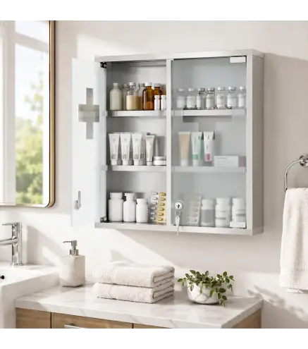 Botiquín de Pared con Cerradura Puertas de Cristal Estantes y 2 Llaves para Baño Cocina 46x12x48 cm Plateado