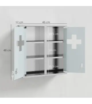 Botiquín de Pared con Cerradura Puertas de Cristal Estantes y 2 Llaves para Baño Cocina 46x12x48 cm Plateado
