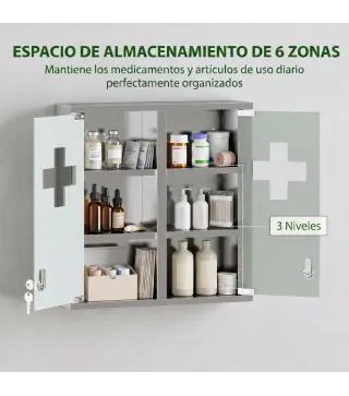 Botiquín de Pared con Cerradura Puertas de Cristal Estantes y 2 Llaves para Baño Cocina 46x12x48 cm Plateado