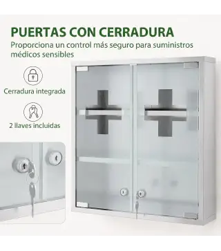 Botiquín de Pared con Cerradura Puertas de Cristal Estantes y 2 Llaves para Baño Cocina 46x12x48 cm Plateado