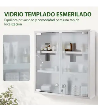 Botiquín de Pared con Cerradura Puertas de Cristal Estantes y 2 Llaves para Baño Cocina 46x12x48 cm Plateado