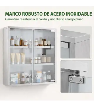 Botiquín de Pared con Cerradura Puertas de Cristal Estantes y 2 Llaves para Baño Cocina 46x12x48 cm Plateado