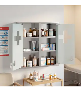 Botiquín de Pared con Cerradura Puertas de Cristal Estantes y 2 Llaves para Baño Cocina 46x12x48 cm Plateado