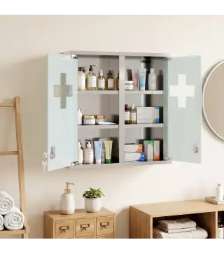 Botiquín de Pared con Cerradura Puertas de Cristal Estantes y 2 Llaves para Baño Cocina 46x12x48 cm Plateado