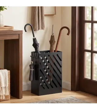 Paragüero de Acero Galvanizado Soporte de Paraguas Estrecho con Bandeja de Goteo Extraíble 4 Ganchos 28x14x41 cm Negro