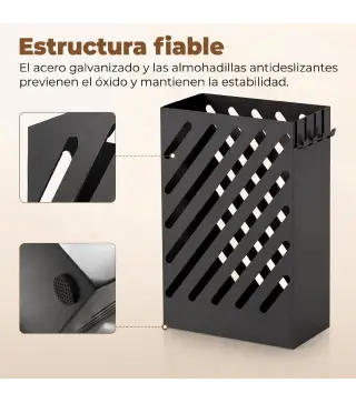 Paragüero de Acero Galvanizado Soporte de Paraguas Estrecho con Bandeja de Goteo Extraíble 4 Ganchos 28x14x41 cm Negro
