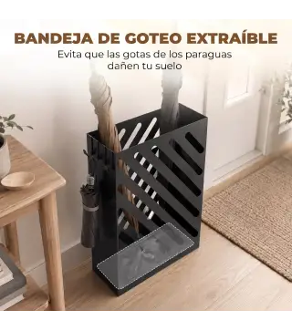 Paragüero de Acero Galvanizado Soporte de Paraguas Estrecho con Bandeja de Goteo Extraíble 4 Ganchos 28x14x41 cm Negro