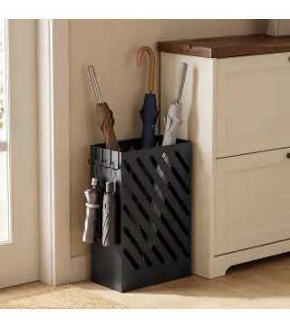 Paragüero de Acero Galvanizado Soporte de Paraguas Estrecho con Bandeja de Goteo Extraíble 4 Ganchos 28x14x41 cm Negro