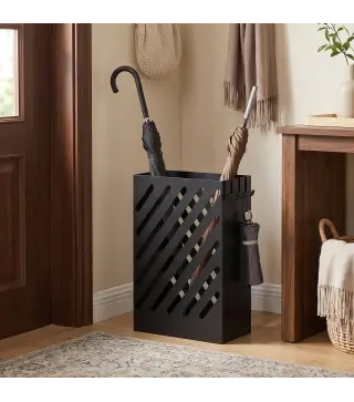 Paragüero de Acero Galvanizado Soporte de Paraguas Estrecho con Bandeja de Goteo Extraíble 4 Ganchos 28x14x41 cm Negro