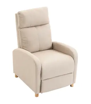 Sillón Reclinable Manual hasta 135° Tapizado en Lino Reposapiés Muelles Ensacados Respaldo Alto y Patas de Madera Beige