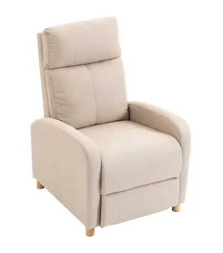 Sillón Reclinable Manual hasta 135° Tapizado en Lino Reposapiés Muelles Ensacados Respaldo Alto y Patas de Madera Beige