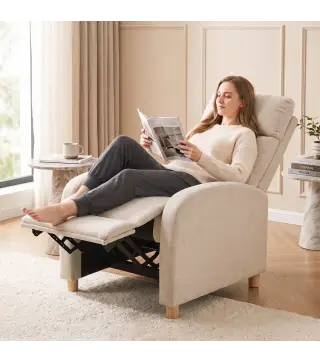 Sillón Reclinable Manual hasta 135° Tapizado en Lino Reposapiés Muelles Ensacados Respaldo Alto y Patas de Madera Beige
