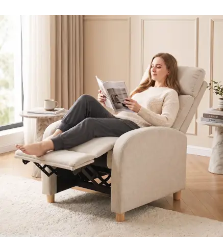 Sillón Reclinable Manual hasta 135° Tapizado en Lino Reposapiés Muelles Ensacados Respaldo Alto y Patas de Madera Beige