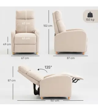 Sillón Reclinable Manual hasta 135° Tapizado en Lino Reposapiés Muelles Ensacados Respaldo Alto y Patas de Madera Beige