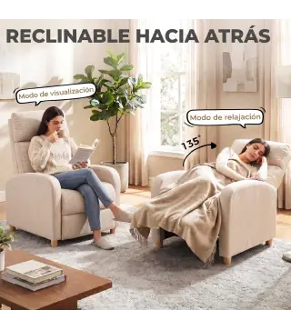 Sillón Reclinable Manual hasta 135° Tapizado en Lino Reposapiés Muelles Ensacados Respaldo Alto y Patas de Madera Beige