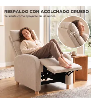Sillón Reclinable Manual hasta 135° Tapizado en Lino Reposapiés Muelles Ensacados Respaldo Alto y Patas de Madera Beige