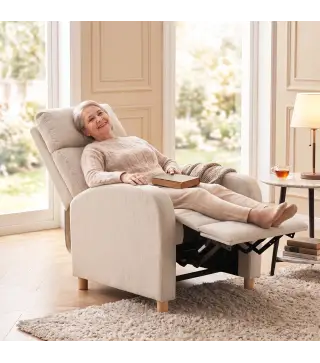 Sillón Reclinable Manual hasta 135° Tapizado en Lino Reposapiés Muelles Ensacados Respaldo Alto y Patas de Madera Beige