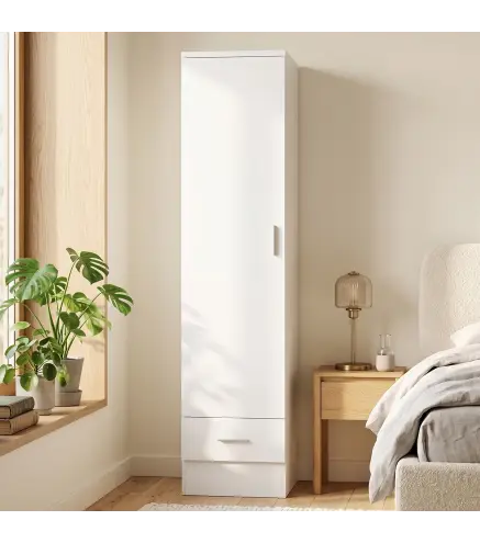 Armario Dormitorio Moderno Armario Ropero con Barra para Colgar Cajón Estante Superior 40x52x170 cm Blanco