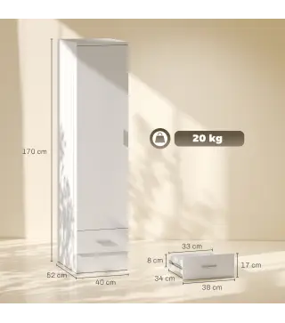 Armario Dormitorio Moderno Armario Ropero con Barra para Colgar Cajón Estante Superior 40x52x170 cm Blanco
