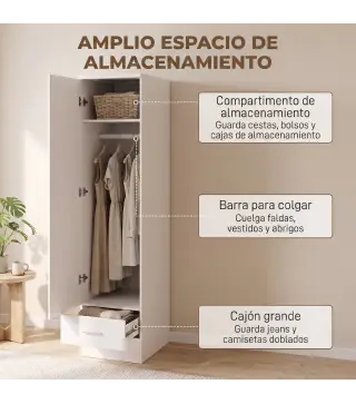 Armario Dormitorio Moderno Armario Ropero con Barra para Colgar Cajón Estante Superior 40x52x170 cm Blanco