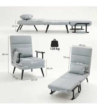 Sillón Cama Plegable 3 en 1 Tapizado en Lino Respaldo Ajustable Almohada con Funda Lavable 67x73x96 cm Gris Claro