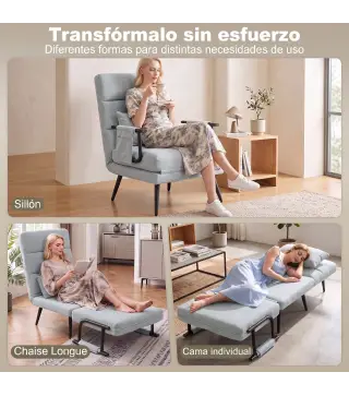 Sillón Cama Plegable 3 en 1 Tapizado en Lino Respaldo Ajustable Almohada con Funda Lavable 67x73x96 cm Gris Claro