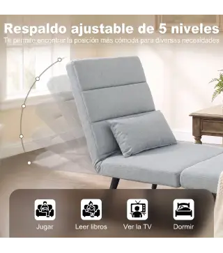 Sillón Cama Plegable 3 en 1 Tapizado en Lino Respaldo Ajustable Almohada con Funda Lavable 67x73x96 cm Gris Claro