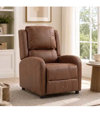 Sillón Relax Reclinable Manual Tapizado en Cuero Sintético Instalación Rápida Reposapiés Acolchado Grueso Marrón