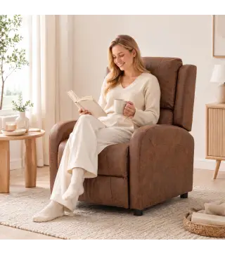 Sillón Relax Reclinable Manual Tapizado en Cuero Sintético Instalación Rápida Reposapiés Acolchado Grueso Marrón