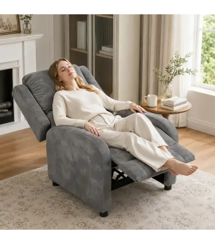 Sillón Relax Reclinable Manual Tapizado en Cuero Sintético Instalación Rápida Reposapiés Acolchado Grueso Gris