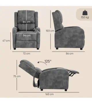 Sillón Relax Reclinable Manual Tapizado en Cuero Sintético Instalación Rápida Reposapiés Acolchado Grueso Gris