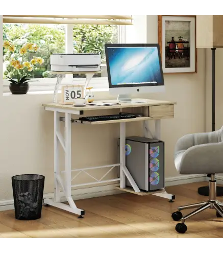 Mesa de Escritorio Mesa de Estudio con Bandeja de Teclado y Cajón Mesa de Ordenador para Despacho 90x50x100 cm Roble