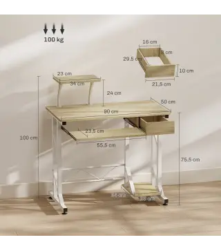 Mesa de Escritorio Mesa de Estudio con Bandeja de Teclado y Cajón Mesa de Ordenador para Despacho 90x50x100 cm Roble