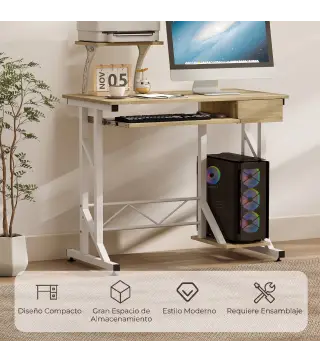 Mesa de Escritorio Mesa de Estudio con Bandeja de Teclado y Cajón Mesa de Ordenador para Despacho 90x50x100 cm Roble