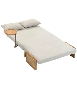 Sofá Cama 2 Plazas Convertible 3 en 1 Tapizado en Chenilla con Respaldo Ajustable Mesa Lateral 2 Almohadas Blanco Crema