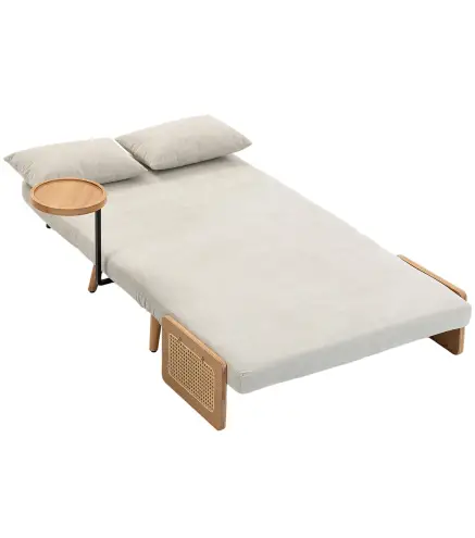 Sofá Cama 2 Plazas Convertible 3 en 1 Tapizado en Chenilla con Respaldo Ajustable Mesa Lateral 2 Almohadas Blanco Crema