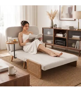 Sofá Cama 2 Plazas Convertible 3 en 1 Tapizado en Chenilla con Respaldo Ajustable Mesa Lateral 2 Almohadas Blanco Crema