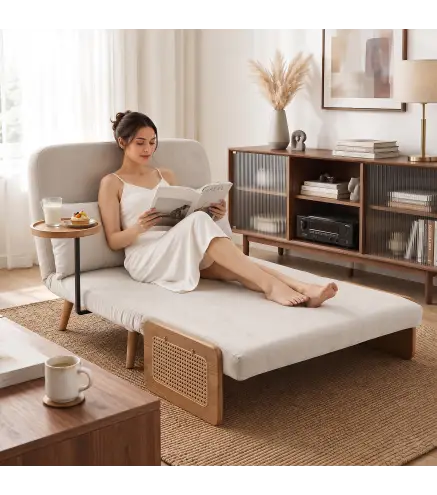 Sofá Cama 2 Plazas Convertible 3 en 1 Tapizado en Chenilla con Respaldo Ajustable Mesa Lateral 2 Almohadas Blanco Crema
