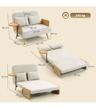 Sofá Cama 2 Plazas Convertible 3 en 1 Tapizado en Chenilla con Respaldo Ajustable Mesa Lateral 2 Almohadas Blanco Crema