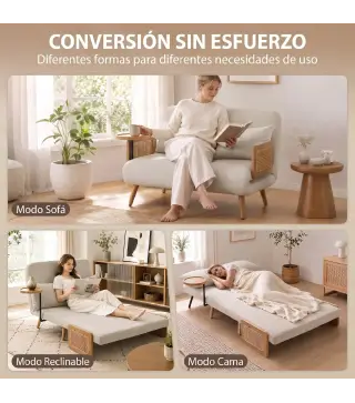 Sofá Cama 2 Plazas Convertible 3 en 1 Tapizado en Chenilla con Respaldo Ajustable Mesa Lateral 2 Almohadas Blanco Crema