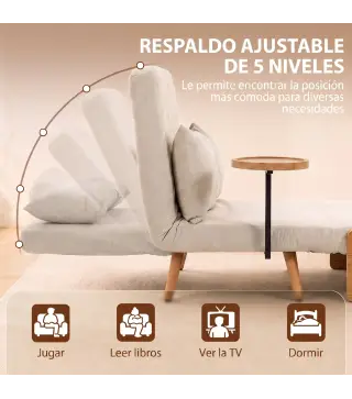 Sofá Cama 2 Plazas Convertible 3 en 1 Tapizado en Chenilla con Respaldo Ajustable Mesa Lateral 2 Almohadas Blanco Crema