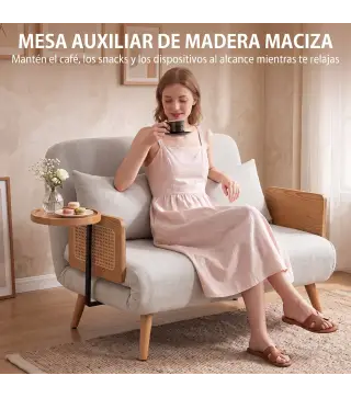 Sofá Cama 2 Plazas Convertible 3 en 1 Tapizado en Chenilla con Respaldo Ajustable Mesa Lateral 2 Almohadas Blanco Crema