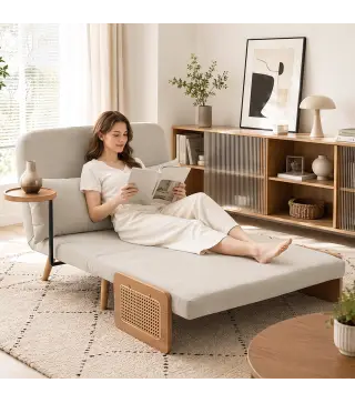 Sofá Cama 2 Plazas Convertible 3 en 1 Tapizado en Chenilla con Respaldo Ajustable Mesa Lateral 2 Almohadas Blanco Crema