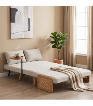 Sofá Cama 2 Plazas Convertible 3 en 1 Tapizado en Chenilla con Respaldo Ajustable Mesa Lateral 2 Almohadas Blanco Crema