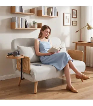 Sofá Cama 2 Plazas Convertible 3 en 1 Tapizado en Chenilla con Respaldo Ajustable Mesa Lateral 2 Almohadas Blanco Crema