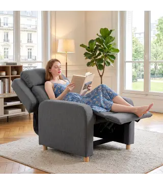Sillón Relax Reclinable Manual Tapizado en Lino Instalación Rápida Reposapiés Acolchado Grueso y Patas de Madera Gris