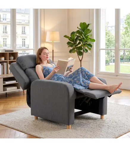 Sillón Relax Reclinable Manual Tapizado en Lino Instalación Rápida Reposapiés Acolchado Grueso y Patas de Madera Gris