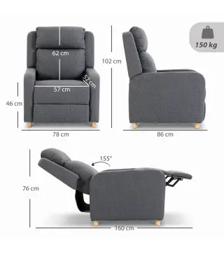 Sillón Relax Reclinable Manual Tapizado en Lino Instalación Rápida Reposapiés Acolchado Grueso y Patas de Madera Gris