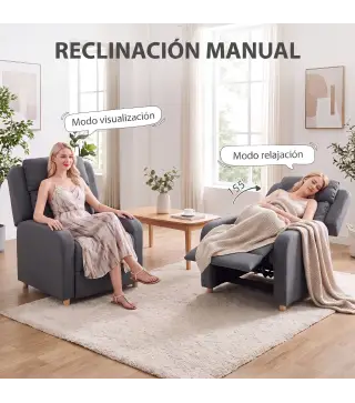 Sillón Relax Reclinable Manual Tapizado en Lino Instalación Rápida Reposapiés Acolchado Grueso y Patas de Madera Gris